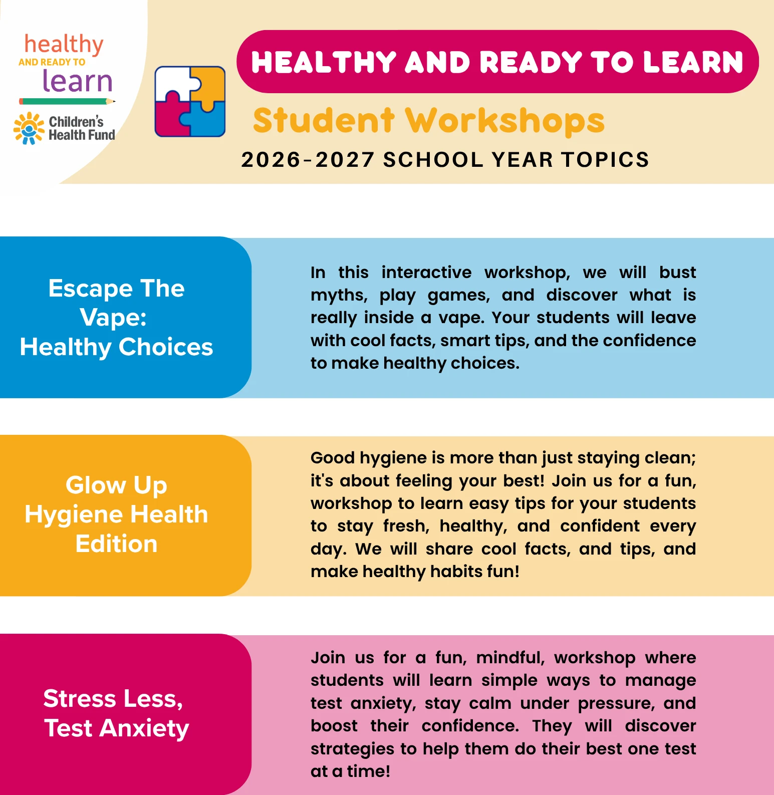 Healthy and Ready to Learn Student Workshops — 2026–2027 School Year Topics